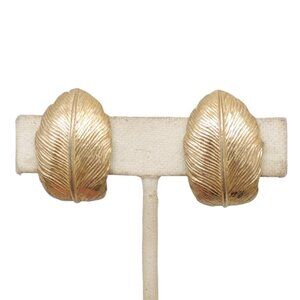 Vintage Signed Castlecliff Goldtone Feather Clip Earrings